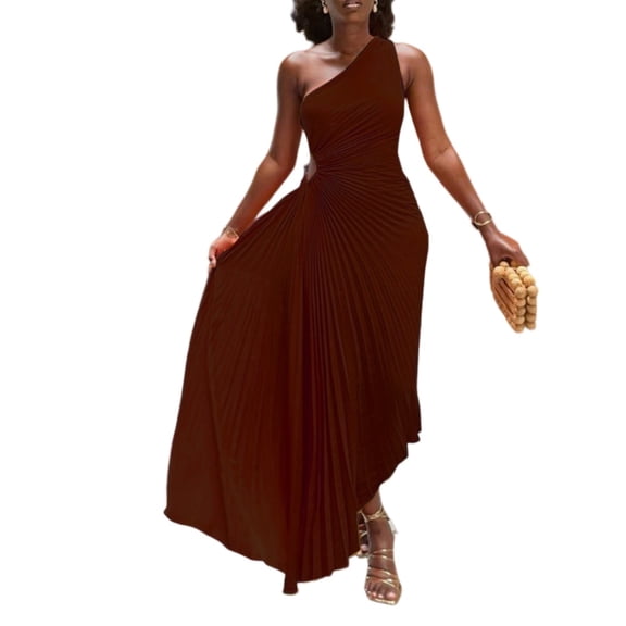 Ladies' Fashionable Solid Color Casual Temperament Single Shoulder Sloping Collar Pleated Hollow Out Dress Irregular Hem Long Dress