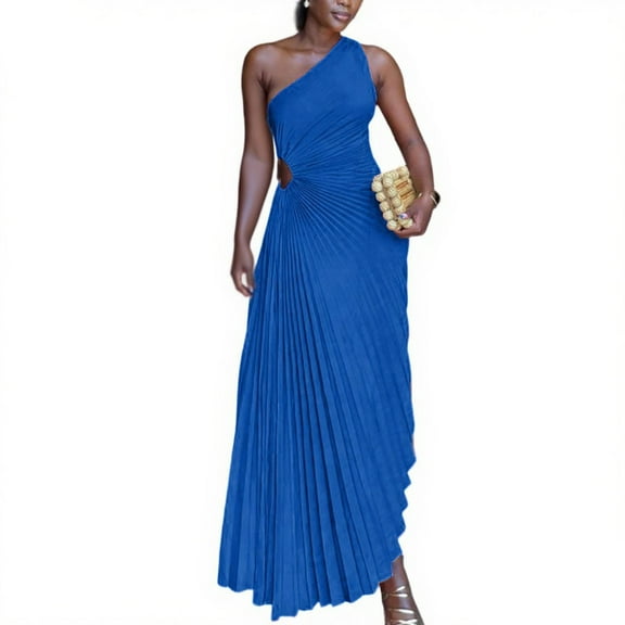 Ladies' Fashionable Solid Color Casual Temperament Single Shoulder Sloping Collar Pleated Hollow Out Dress Irregular Hem Long Dress