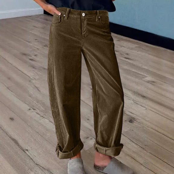 Ladies' Fashionable Solid Color Straight Leg Pants, High Waist Drawstring Pockets And Elastic Waist Casual Pants,Brown,L