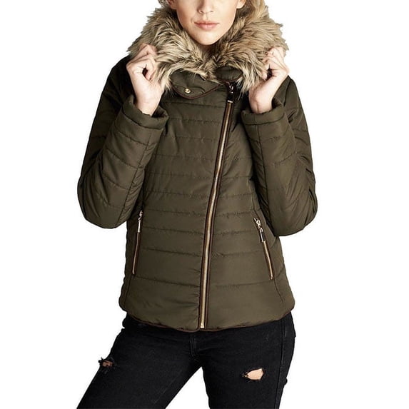 Ladies Faux Fur Collar Striped Quilted Padding Jacket