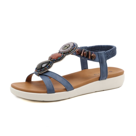 Ladies Faux Leather Open Toe Sling Back T-Bar Diamante Rhinestones Flat Gladiator Summer Sandals