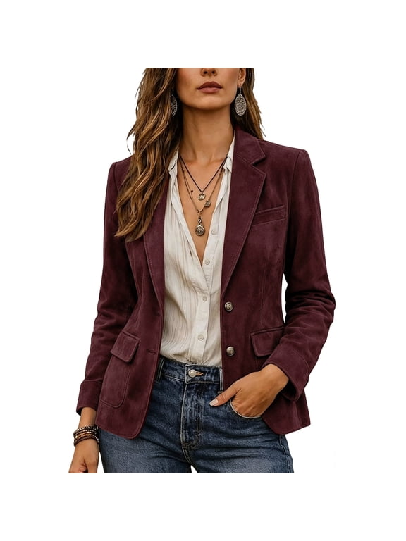 Ladies Faux Suedes Notch Lapel Blazers Jackets Single Breasted Fitted Business Casual Coat