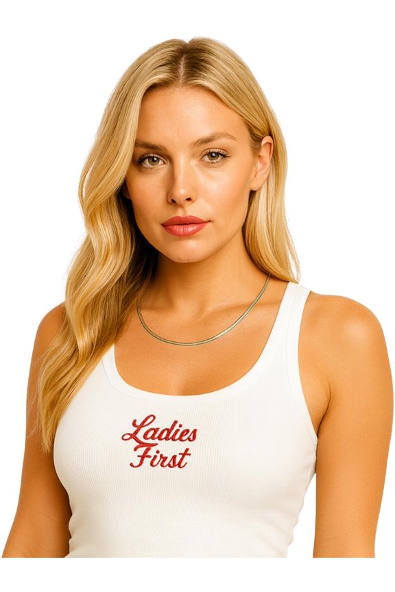 Ladies First Embroidered Micro-Rib Racer Tank Top | Casual Heavyweight Sleeveless Cool Sexy Shirt, White (Large)
