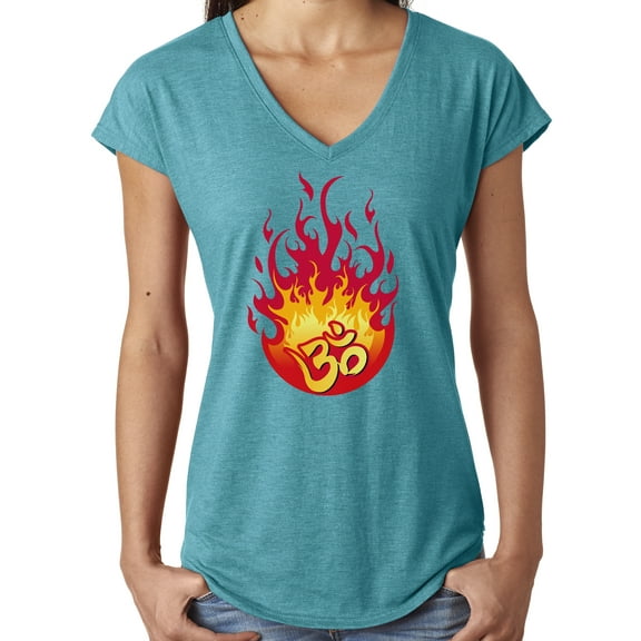 Ladies "Flaming OM" V-neck Yoga Tee Shirt - Heather Galapagos Blue, XL