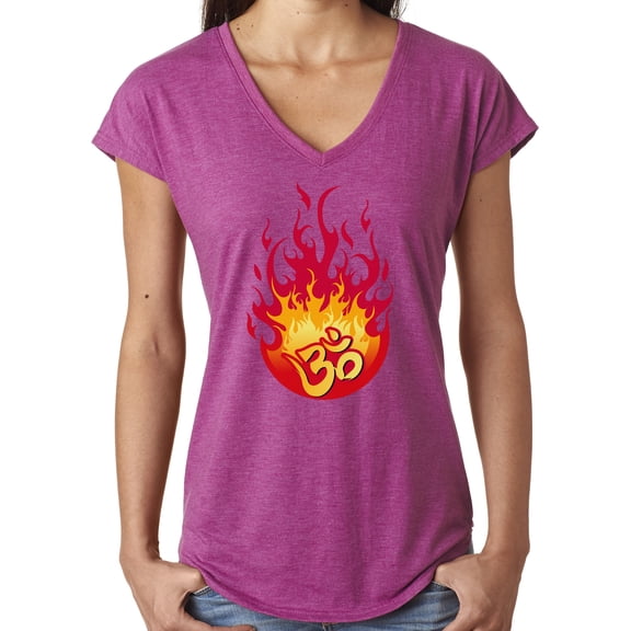 Ladies "Flaming OM" V-neck Yoga Tee Shirt - Heather Raspberry, Large