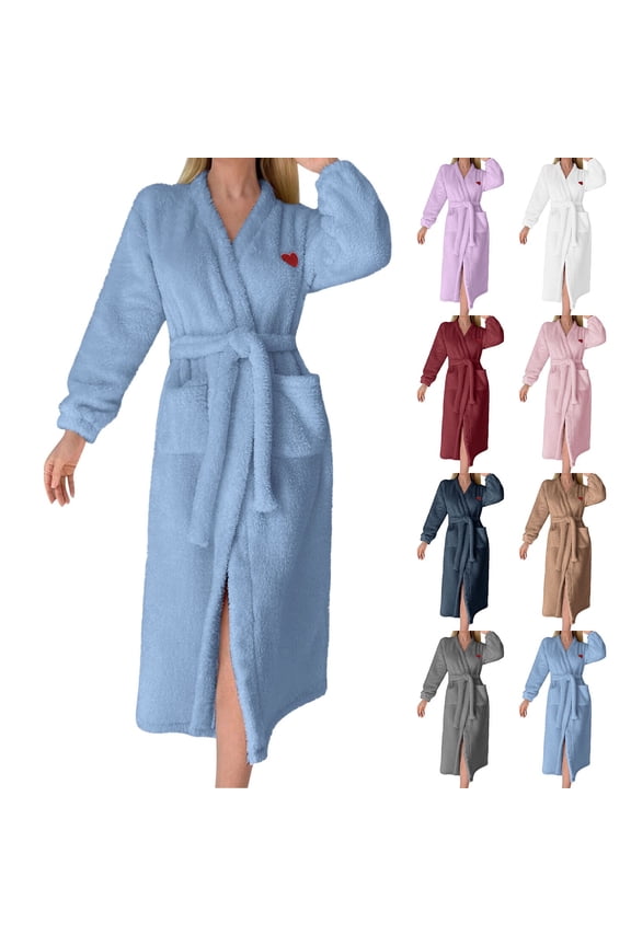 Ladies Flannel Heart Print Robe with Pockets Belted Comfort Soft Long Bathrobe for Home Relaxation