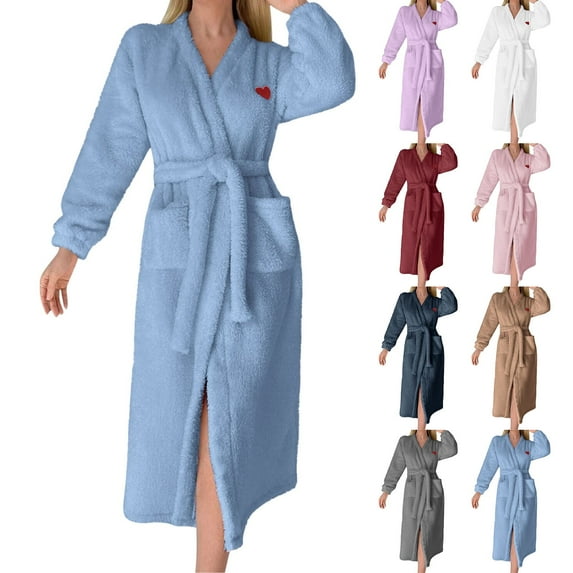 Ladies Flannel Heart Print Robe with Pockets Belted Comfort Soft Long Bathrobe for Home Relaxation