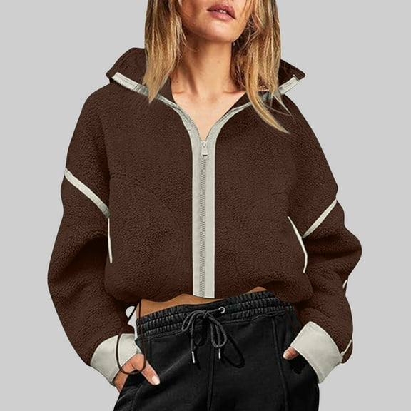 Ladies Fleece Crop Jacket Full Zip Stand Collar Drawstring Hem Warm Fall Winter Short Coat with Pockets (L, Brown)