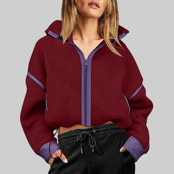 Ladies Fleece Crop Jacket Full Zip Stand Collar Drawstring Hem Warm Fall Winter Short Coat with Pockets (S, Red)