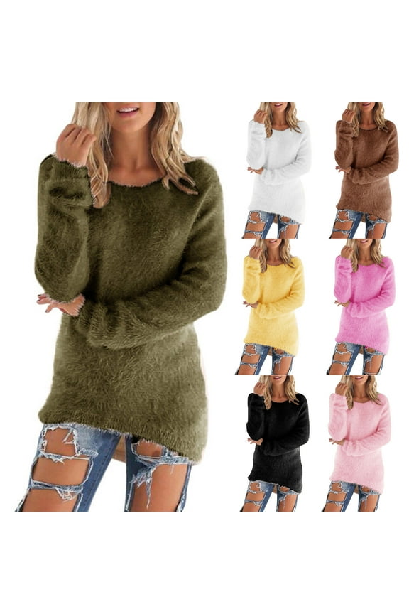 Ladies Fleece Tops Long Sleeve Sherpa Pile Pullover Fuzzy Fleece Sweatshirt Women Winter Warm Jumper Teddy Fluffy Tunic Top Loose Solid Color Crewneck Sweater