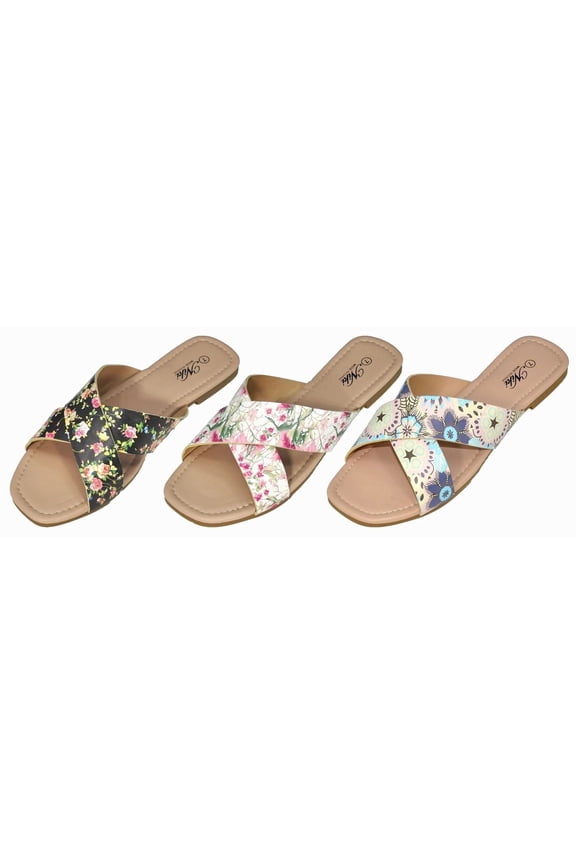 (Ladies) Floral Cross strap Slide 36 pairs in a case(Bulk Strap)