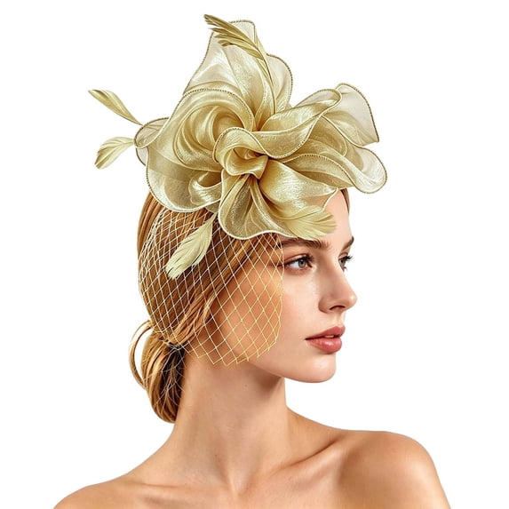 Ladies Floral Fascinator Hat with Net and Feather Vintage Cocktail Party Headpiece For Bridal Evening Dinner Events