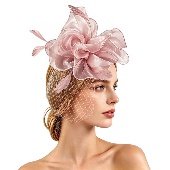 Ladies Floral Fascinator Hat with Net and Feather Vintage Cocktail Party Headpiece For Bridal Evening Dinner Events
