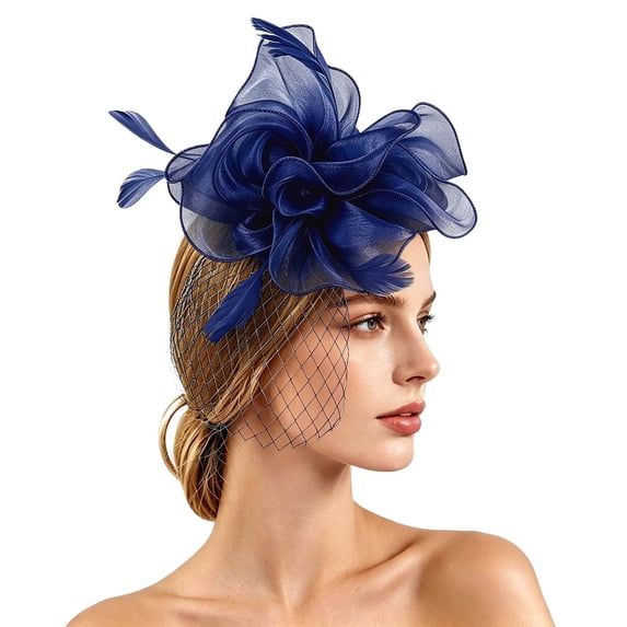 Ladies Floral Fascinator Hat with Net and Feather Vintage Cocktail Party Headpiece For Bridal Evening Dinner Events