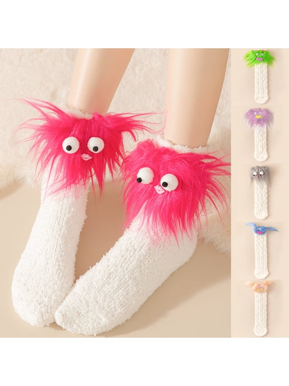 Ladies Fluffy Fuzzy 3D Monster Face House Socks Cozy Thermal Kawaii Bedroom Socks Green One Size