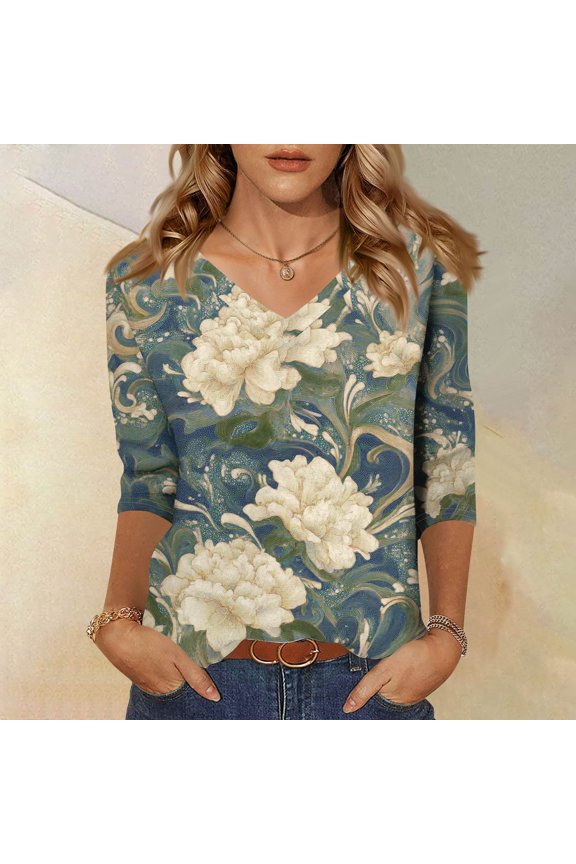 Ladies Fluid Swirl Pattern V-Neck Three Quarter Sleeve Tees Relaxed Fit Daily Casual Printed Blouses