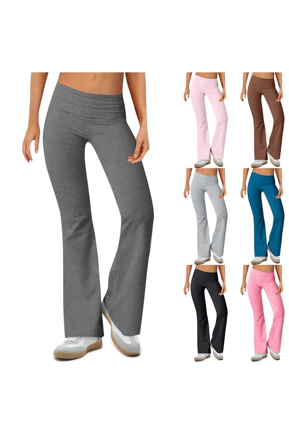 Ladies Fold Over Waist Flare Pants Stretchy Slim Fit Casual Bootcut Long Trousers Black M