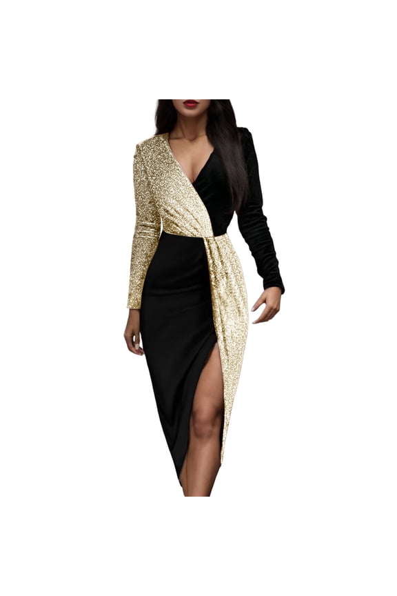 Ladies Formal Dress Patchwork Printed V-Neck Long Sleeve Sundress Black And Gold National Style High Waist Temperament Mid Length Waist Birthday Party Dresses For Woman