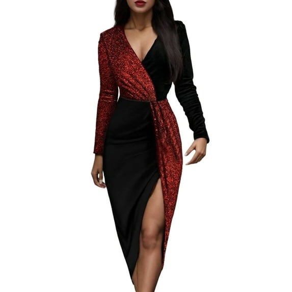 Ladies Formal Dress Patchwork Printed V-Neck Long Sleeve Sundress Black And Gold National Style High Waist Temperament Mid Length Waist Birthday Party Dresses For Woman