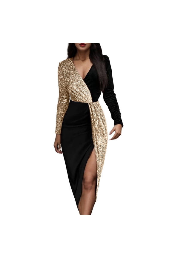 Ladies Formal Dress Patchwork Printed V-Neck Long Sleeve Sundress Black And Gold National Style High Waist Temperament Mid Length Waist Birthday Party Dresses For Woman