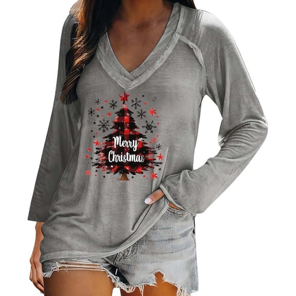 Ladies' French Lazy Christmas Pullover - V-Neck Loose Long Sleeve Top, Casual Christmas Tree with Wreath Print, Soft Lightweight Fabric, Effortless for Brunch & Weekend Walks