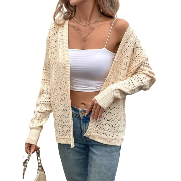 Ladies' Fresh and Versatile Casual Retro V-Neck Hollow Crochet Solid Color Autumn Sweater Cardigan Tops Beige Apricot L