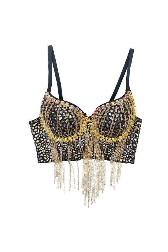 Ladies Fringe Sequins Sexy Hot Stage Performance Sex Bra Bra, Gold, 38