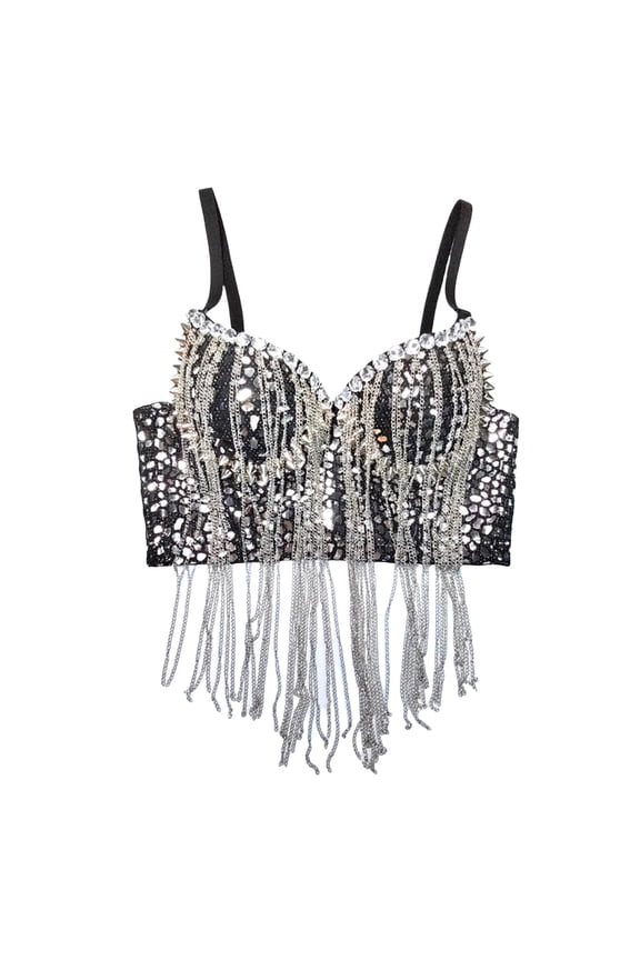 Ladies Fringe Sequins Sexy Hot Stage Performance Sex Bra Bra, Silver, 36