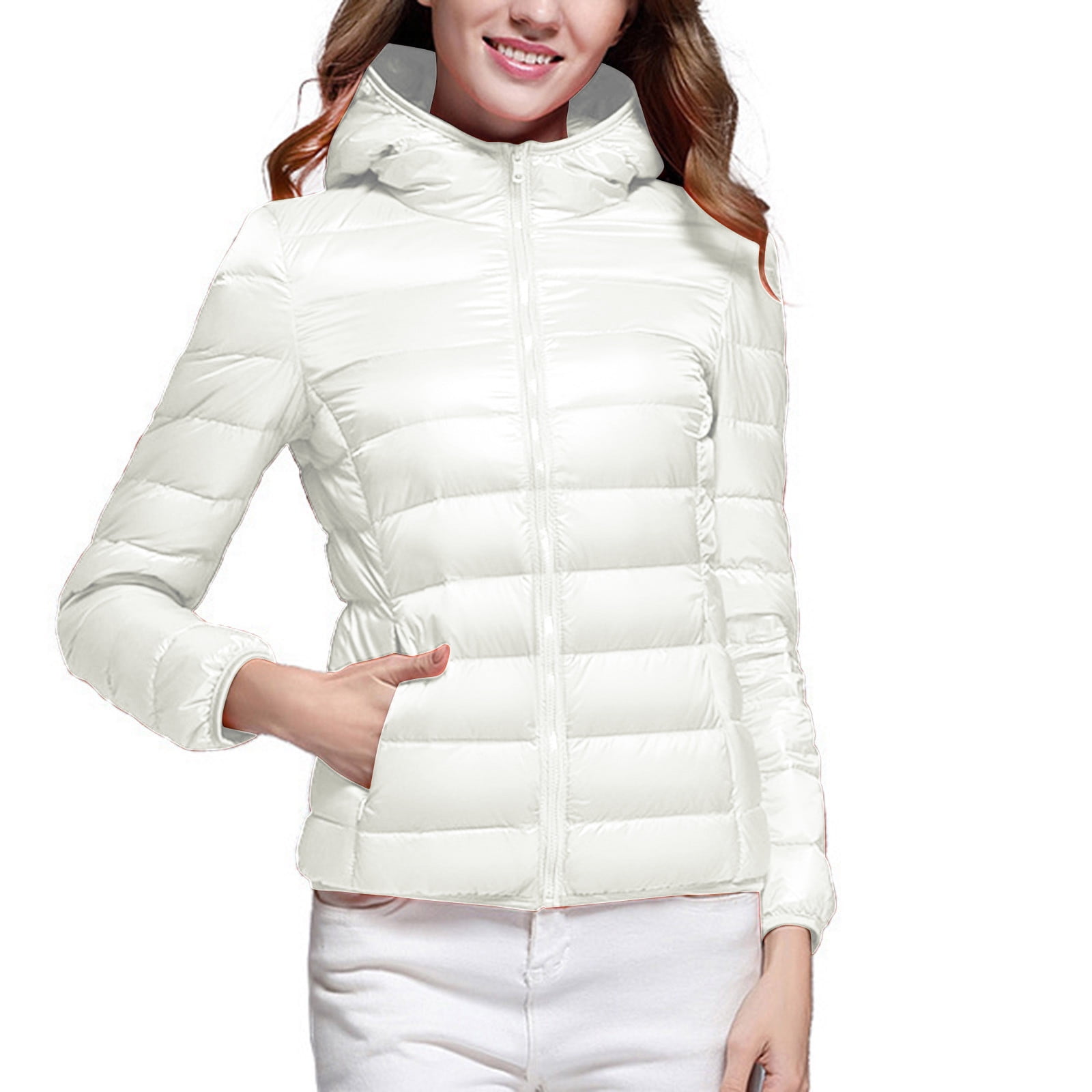 Ladies Full Zip Puffer Quilted Jacket with Hood Lightweight Down Coat Women Long Sleeve Slim Fit Winter Outwear X Large White
