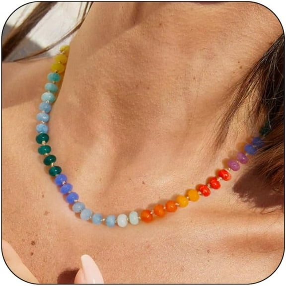 Ladies Gemstone Beaded Necklace Colourful Natural Stone Freshwater Pearl Surfer Beach Rainbow Necklace Jewellery Gifts