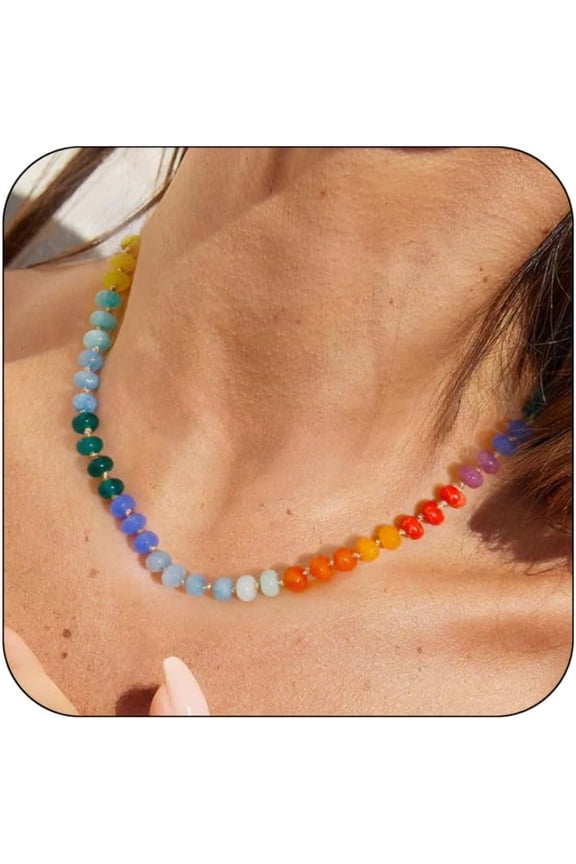 Ladies Gemstone Beaded Necklace Colourful Natural Stone Freshwater Pearl Surfer Beach Rainbow Necklace Jewellery Gifts