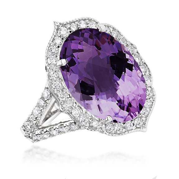 Ladies Gemstone Cocktail 14K Natural Diamond Purple Amethyst Ring (White Gold Size 6)
