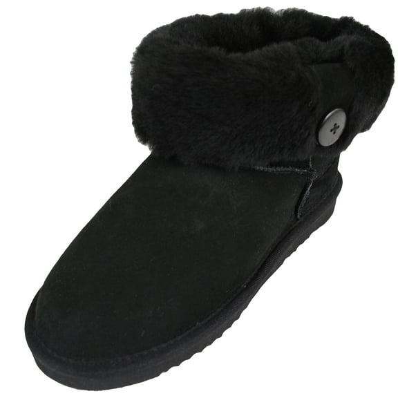 Ladies Genuine Sheepskin Lower Calf Roll Down Short Boot with Button Design by SNUGRUGS - Black - 6 US