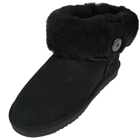 Ladies Genuine Sheepskin Lower Calf Roll Down Short Boot with Button Design by SNUGRUGS - Black - 7 US
