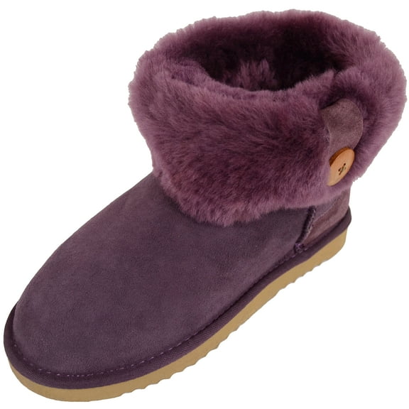 Ladies Genuine Sheepskin Lower Calf Roll Down Short Boot with Button Design by SNUGRUGS - Purple - 9 US