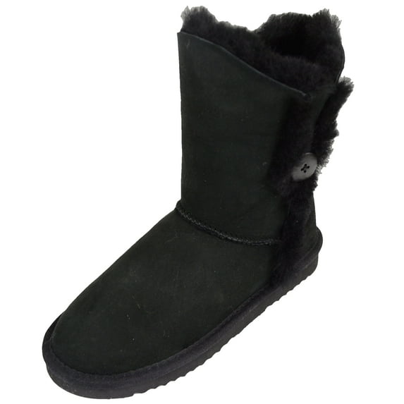 Ladies Genuine Sheepskin Mid Calf Short Boot with Button Design by SNUGRUGS - Black - US 8