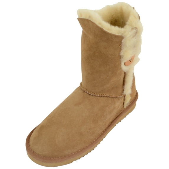 Ladies Genuine Sheepskin Mid Calf Short Boot with Button Design by SNUGRUGS - Chestnut - US 9