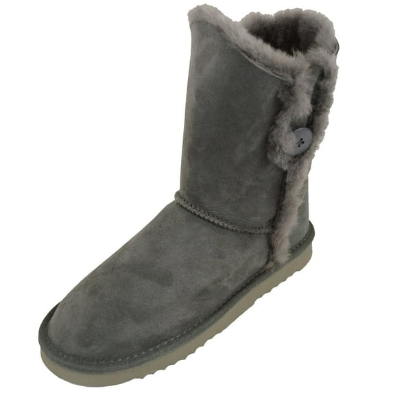 Ladies Genuine Sheepskin Mid Calf Short Boot with Button Design by SNUGRUGS - Grey - US 8
