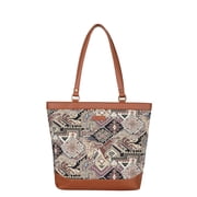 Ladies  Geometric Tapestry Tote Bag | Vegan Leather-Accented Handbag with Sling Strap for Work & Travel
