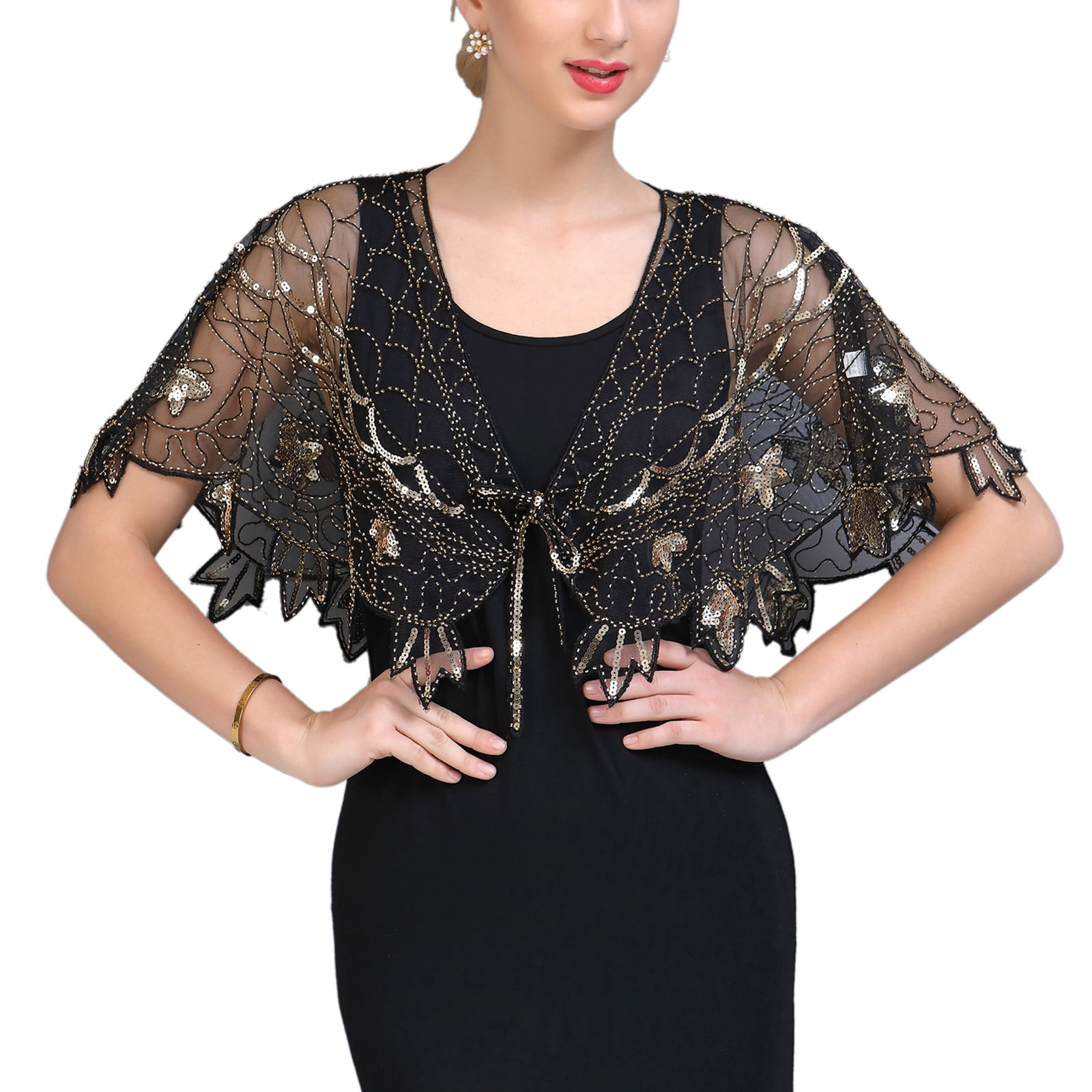 Ladies Glitter 1920s Style Sequin Embellished Wrap Top Capelet Cardigan ...