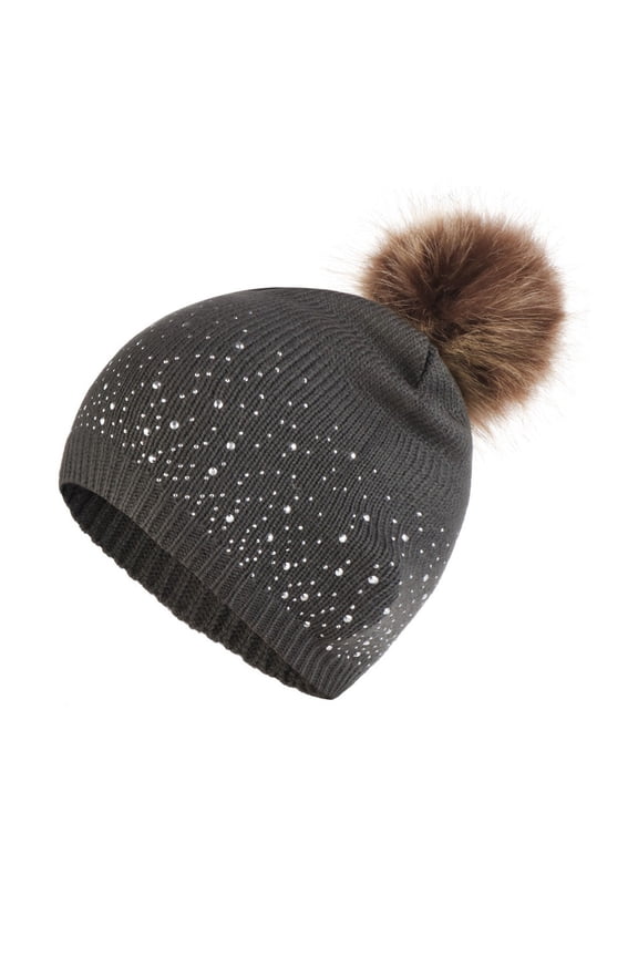 Ladies Glitter Knit Hat, Adorned with Gems and Faux Fur Ball, Glamorous Cold Weather Fashion Statement, Perfect for Parties or Night Out. Gray 1PC