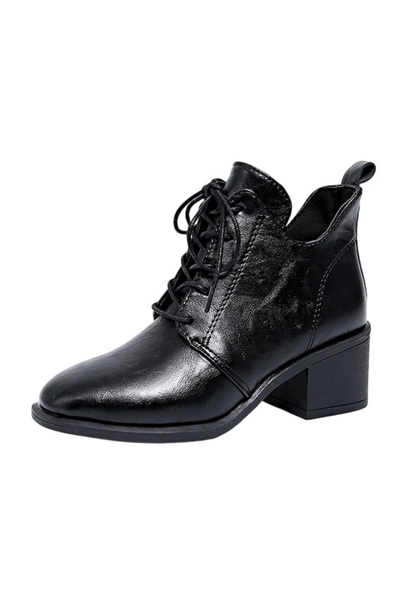 Ladies Gloss Patent Leather Ankle Booties Round Toe Full Lace up Chunky Block High Heel Platform Short Boots, Stylish Footwear for Women Black 7.5(40)