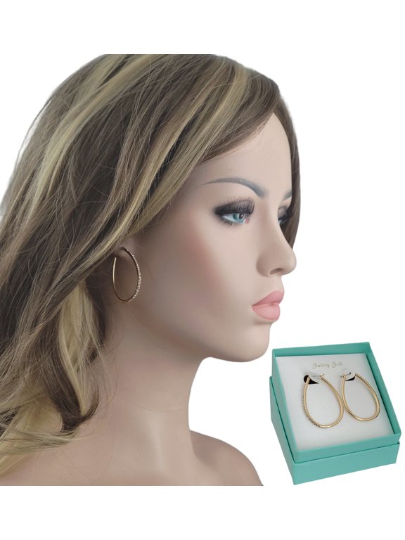 Ladies Gold Tone Loop Hoop Crystal Studded Pierced Earrings - Gift Boxed