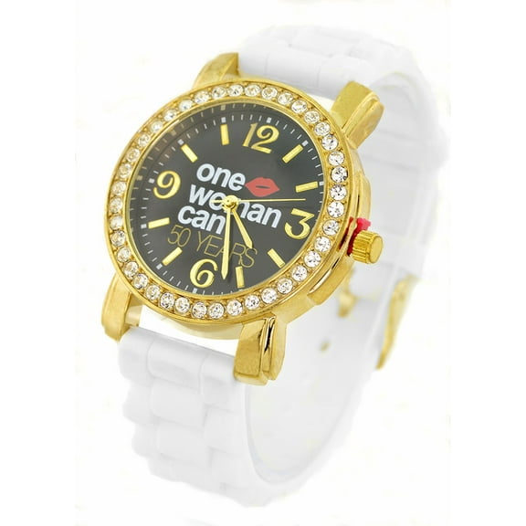 Ladies Gold-Tone One Woman CAN Message Watch 42mm 10mm thick case. CZ bezel, 18mm wide white sport strap fits 7-8.5 inches wrist.