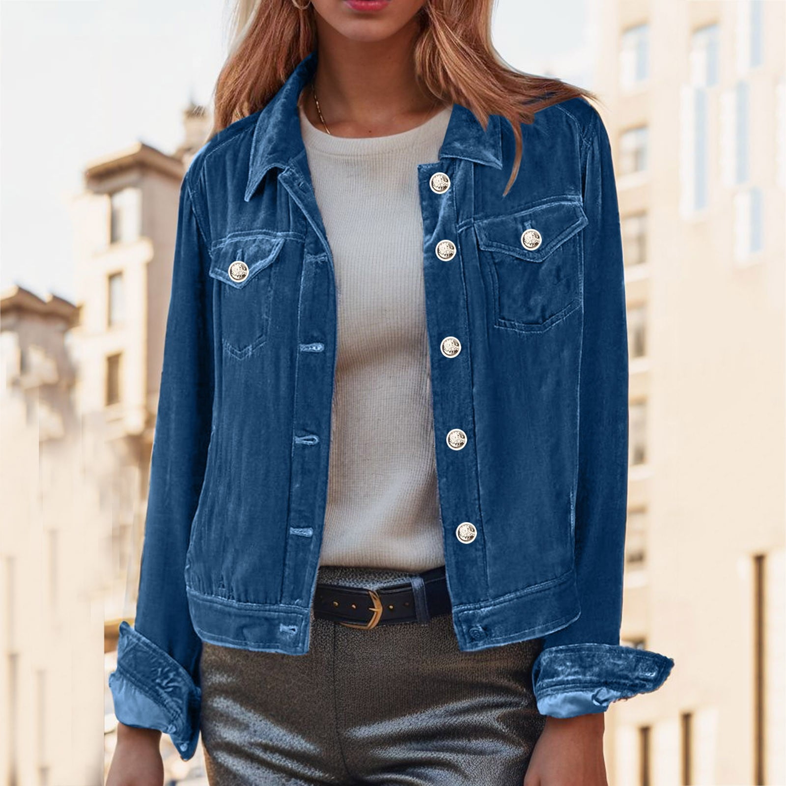 Ladies Gold Velvet Denim Jacket Single Breasted Long Sleeve Lapel Solid