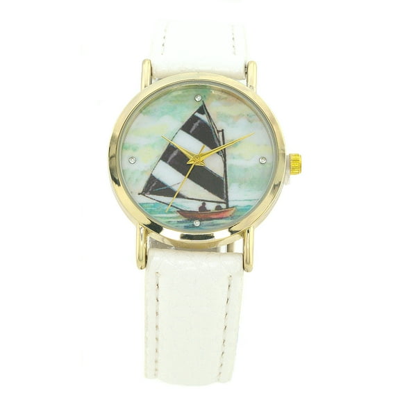 Ladies Gold tone Sailboat Pink leather strap watch 33 mm case.