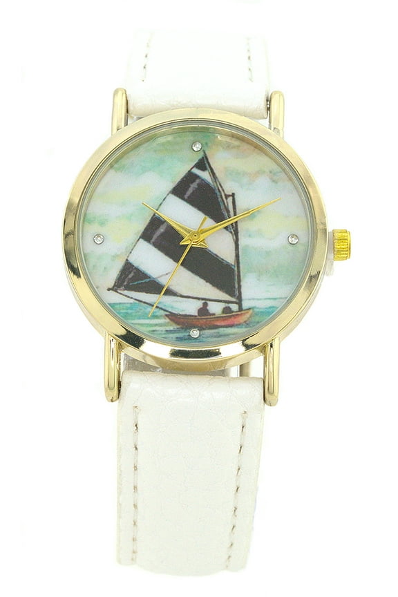 Ladies Gold tone Sailboat White leather strap watch 33 mm case.