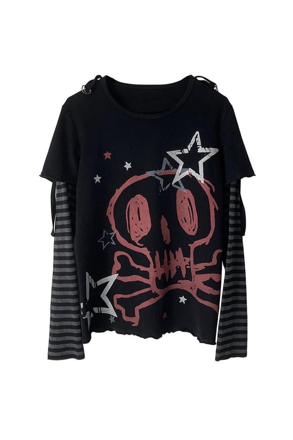 Ladies Gothic Skull T-shirt Tops Striped Sleeve Layered T Shirts Long Sleeve Graphic Tees for Edgy Outfits and Night Out