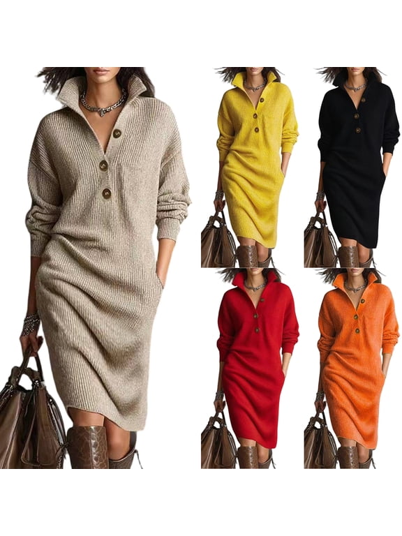 Ladies Half Button Stand Collar Knit Midi Dress Long Sleeve Loose Solid Sweater Dress with Pockets