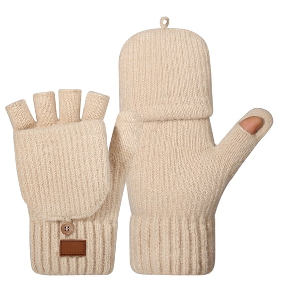 Ladies Half Finger Knitted Gloves Thickened Lining Cold Weather Outdoor Activity Handwear